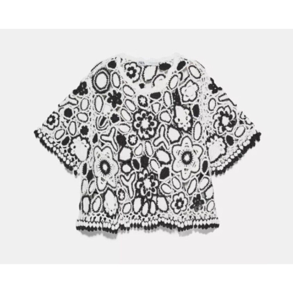 ZARA Black White Floral Crochet Crop Top Tassels Boho Festival Size M - Picture 3 of 8